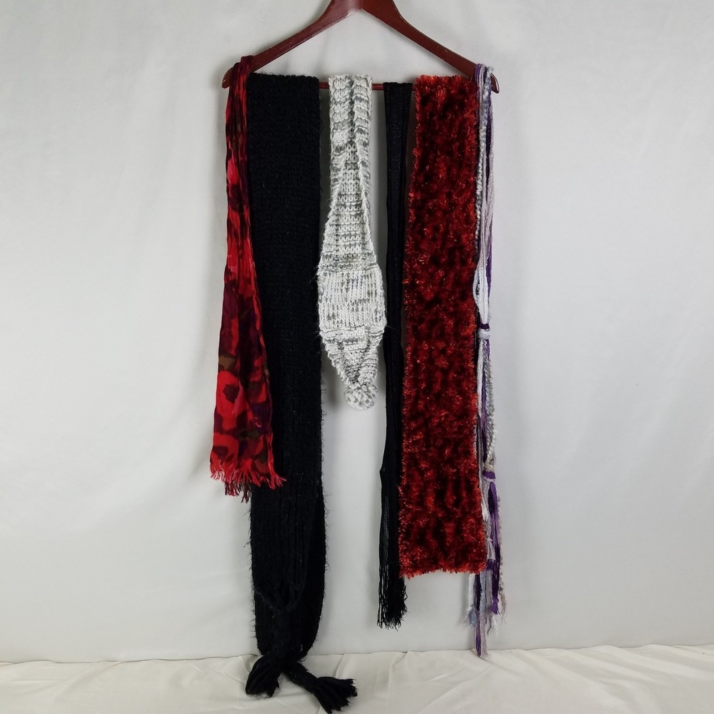 Lot of 6 Scarves Isaac Mizrahi Fossil Red Black Gray Purple Textured Knit Bundle